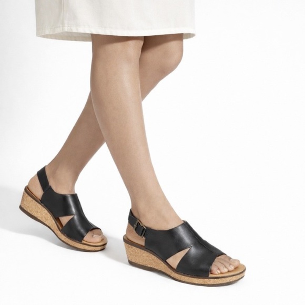 Clarks Rosemund Dune Black Leather Cork Wedge Sandals 11 M Resortwear 35-01-01